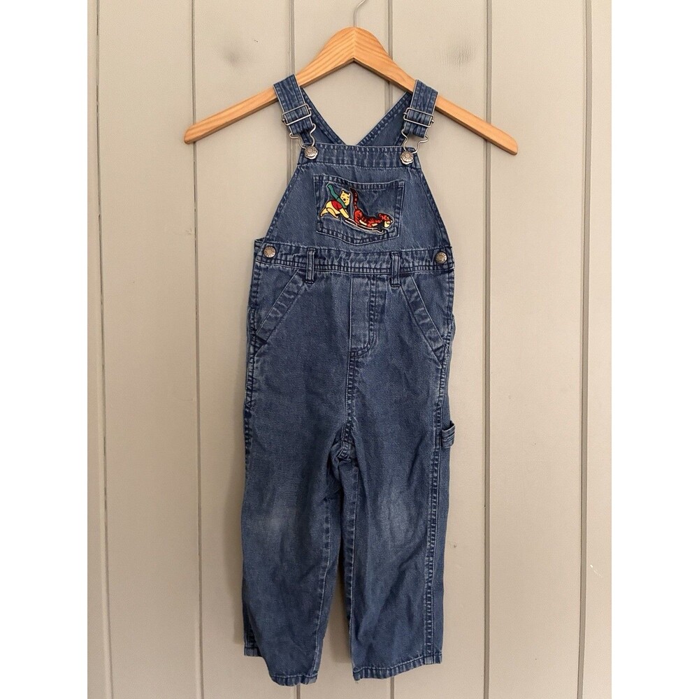 Disney Store Winnie the Pooh Tigger Denim Cotton Overalls 2T 90s Y2K Vtg Sled